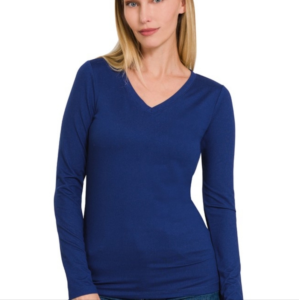 Navy Brushed Microfiber long sleeve vneck Top